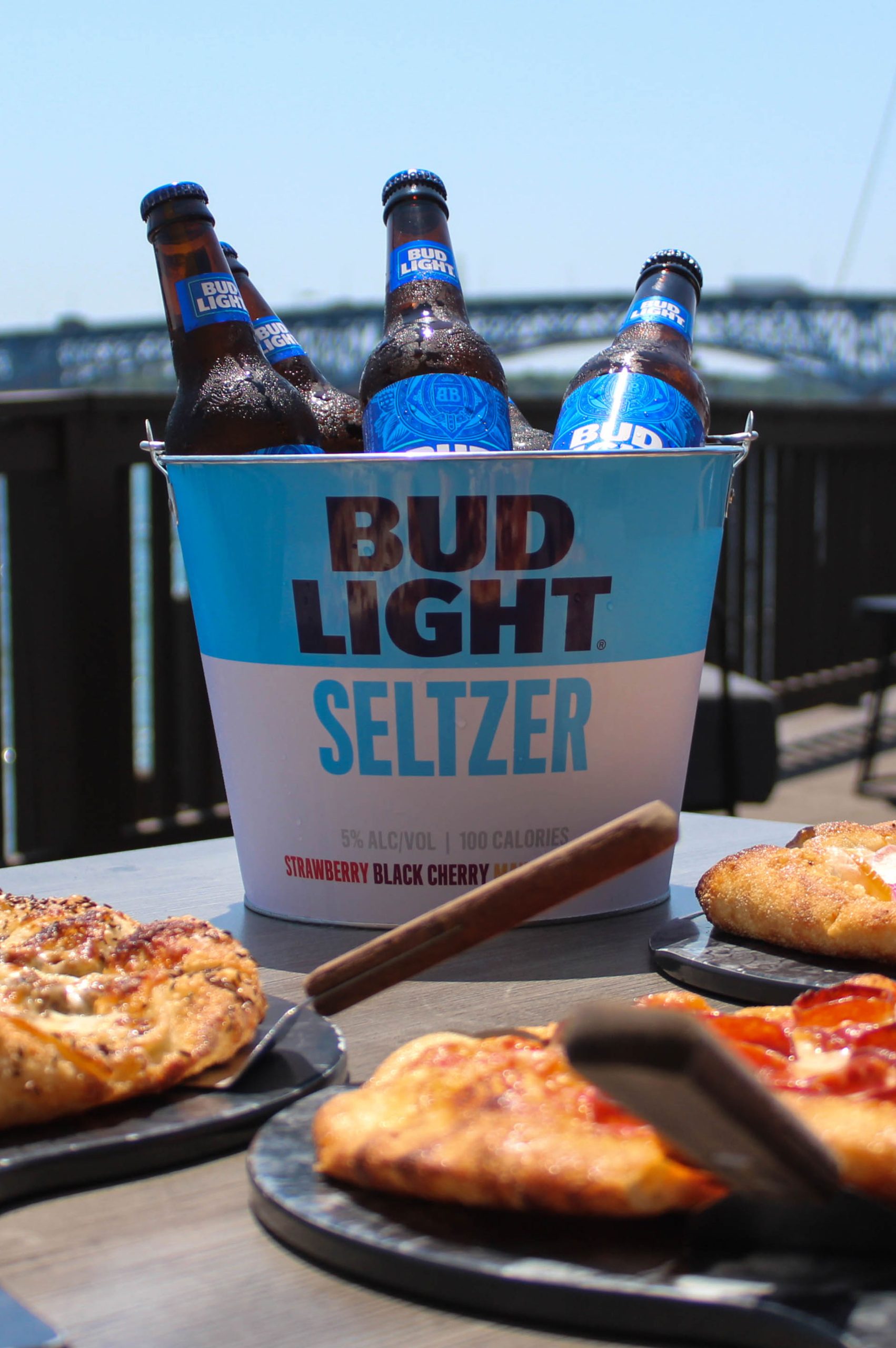 Beer bucket and pizza at Bella Vista Niagara Falls Bud Light bucket and handcrafted pizza served at Bella Vista Ristorante, part of the bar menu and outdoor dining in Niagara Falls NY
